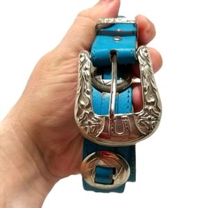 Western Teal Blue Leather Horseshoe Belt